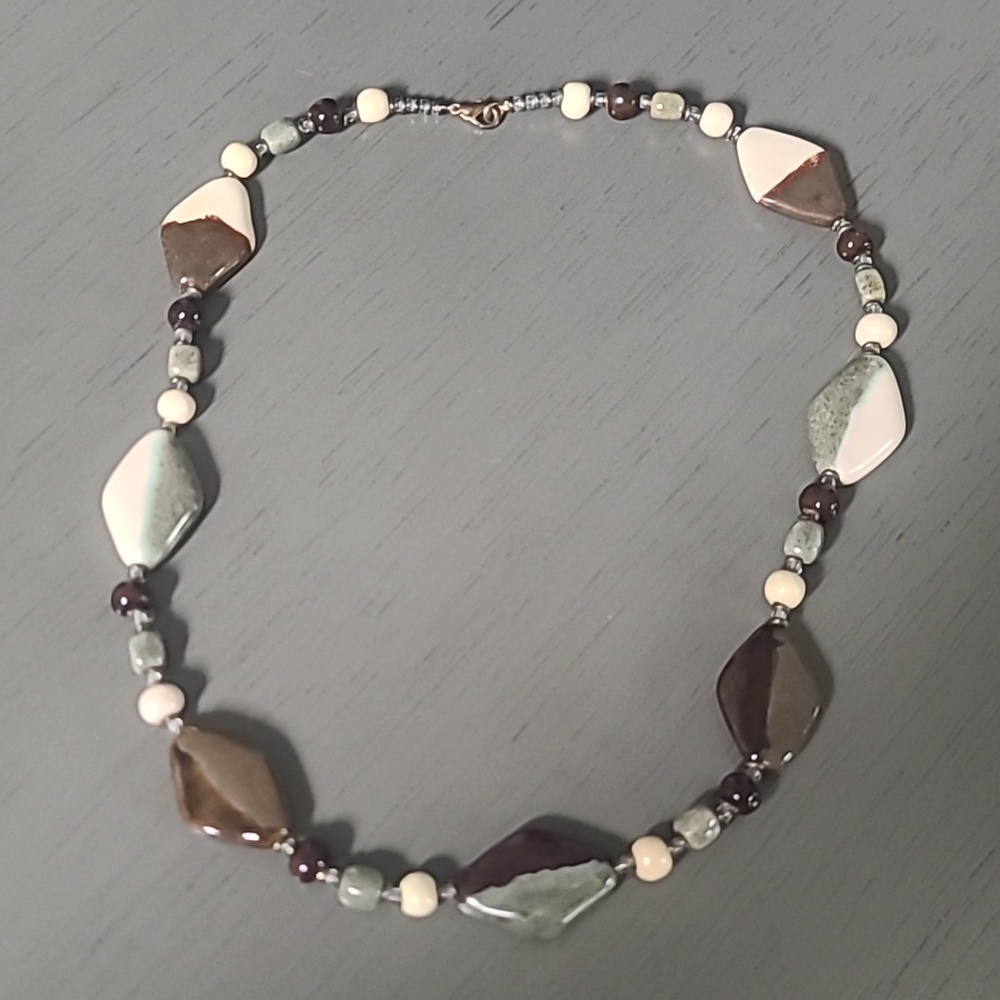 Neutral Brown and Cream Ceramic Beaded Women's Necklace - Picture 6 of 6